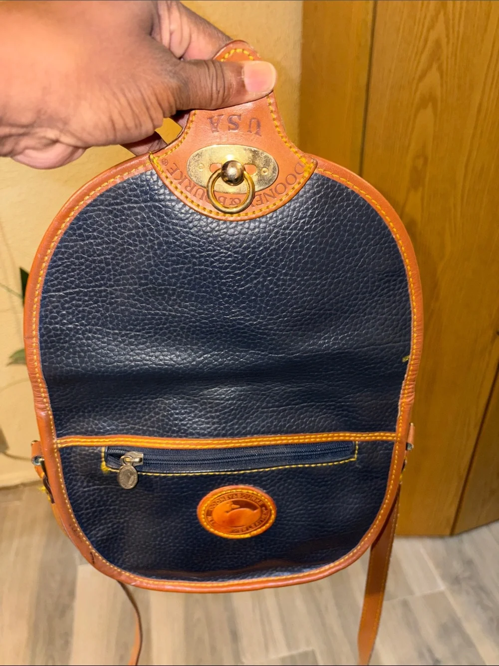 Dooney & Bourke Navy Pebble Leather Crossbody with Tan Trim and Strap